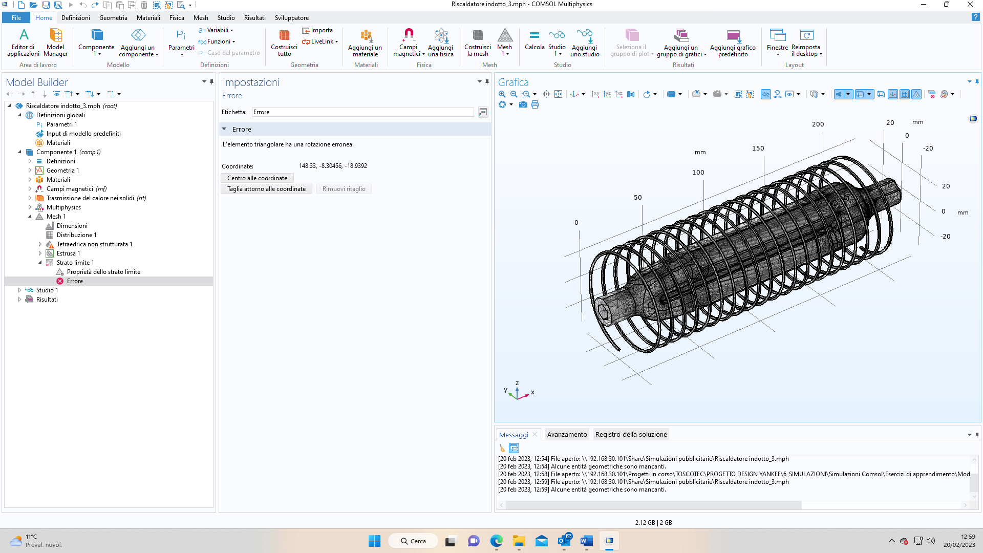 E-llum Exchanger in stampa 3D metallica inserito nel solenoide a induzione — progetto 3D-PAN EU